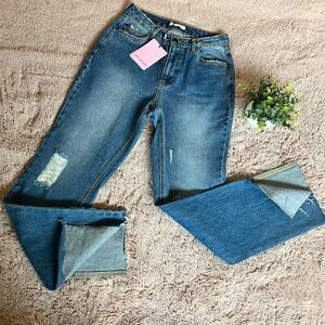 NWT Avec Les Filles High-Rise Distressed Raw Hem Straight Leg Jeans Size: 28